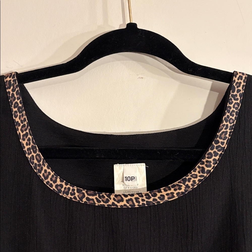 Vintage 1980s Black Sheath Dress With Leopard Trim Office Casual Retro Size 10P - Picture 6 of 17